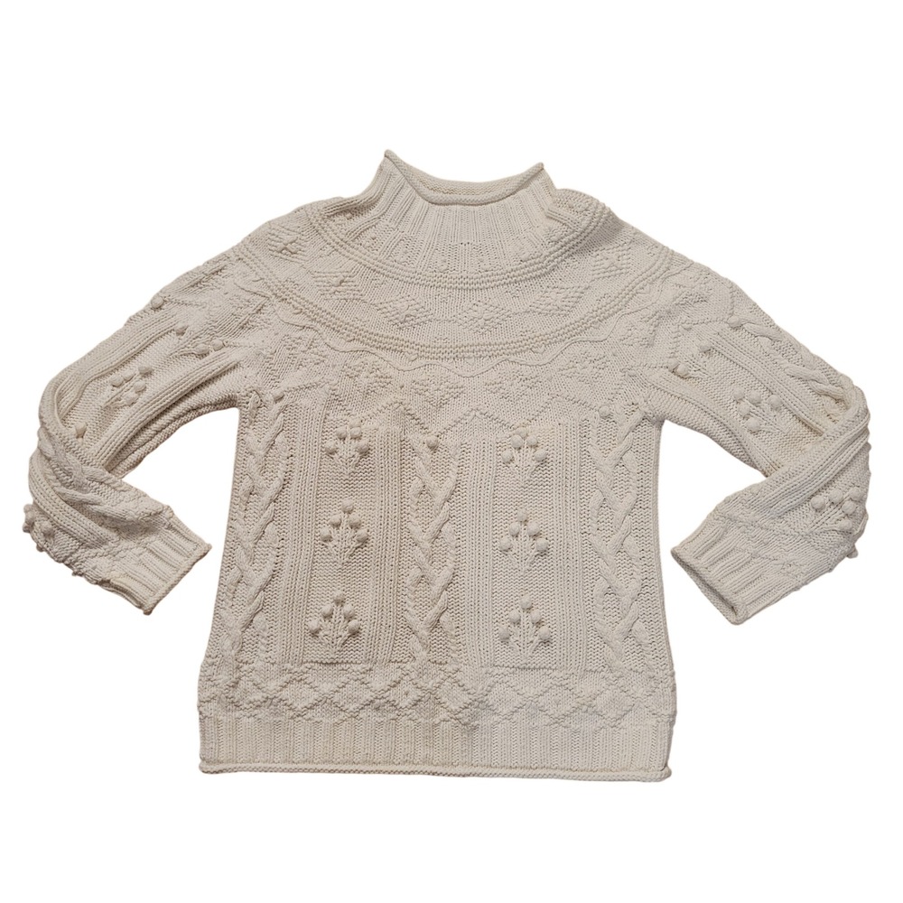 Eagles Eye M Cream Cotton Cable Knit Popcorn Bobble Mock Neck Sweater Chunky 90s